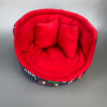 Load image into Gallery viewer, LARGE Navy festive party animals cuddle cup. Pet sofa. Guinea pig bed. Fleece pet bed.