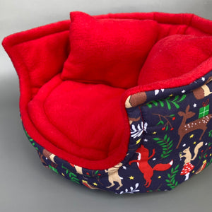 LARGE Navy festive party animals cuddle cup. Pet sofa. Guinea pig bed. Fleece pet bed.