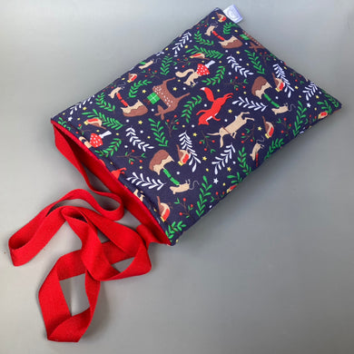 Navy festive party animals padded bonding bag, carry bag for hedgehog. Fleece lined pet tote.