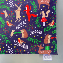 Load image into Gallery viewer, Navy festive party animals snuggle sack. Fleece lined sleeping bag for small animals