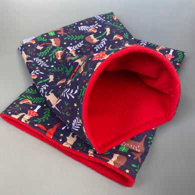 Navy festive party animals snuggle sack. Fleece lined sleeping bag for small animals