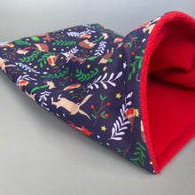 Load image into Gallery viewer, Navy festive party animals snuggle sack. Fleece lined sleeping bag for small animals