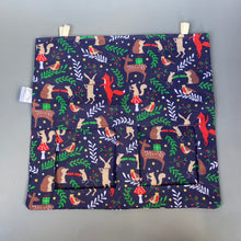 Load image into Gallery viewer, Navy festive party animals hanging hay bag for guinea pigs. Cotton hay feeder.