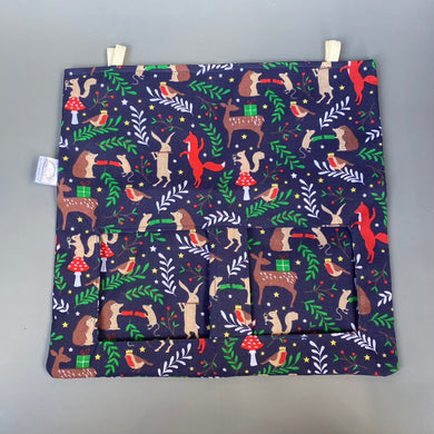 Navy festive party animals hanging hay bag for guinea pigs. Cotton hay feeder.