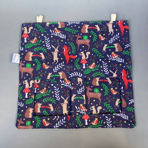 Navy festive party animals hanging hay bag for guinea pigs. Cotton hay feeder.
