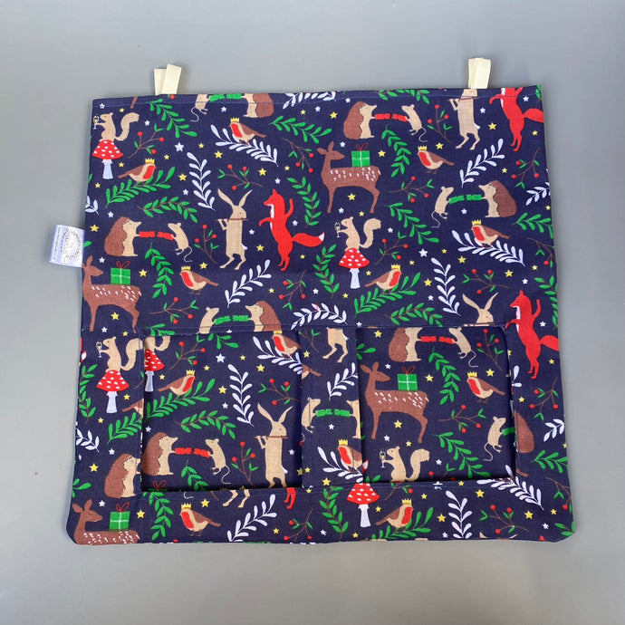 Navy festive party animals hanging hay bag for guinea pigs. Cotton hay feeder.