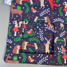 Load image into Gallery viewer, Navy festive party animals hanging hay bag for guinea pigs. Cotton hay feeder.
