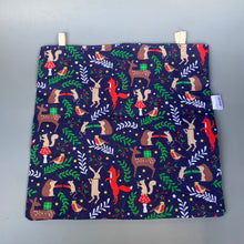 Load image into Gallery viewer, Navy festive party animals hanging hay bag for guinea pigs. Cotton hay feeder.