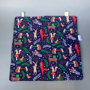 Navy festive party animals hanging hay bag for guinea pigs. Cotton hay feeder.