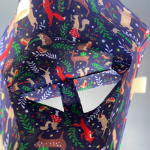 Load image into Gallery viewer, Navy festive party animals hanging hay bag for guinea pigs. Cotton hay feeder.