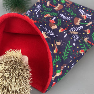 Navy festive party animals mini set. Tunnel, snuggle sack and toys. Hedgehog fleece bedding.