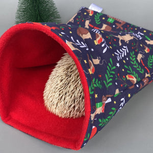 Navy festive party animals snuggle sack. Fleece lined sleeping bag for small animals