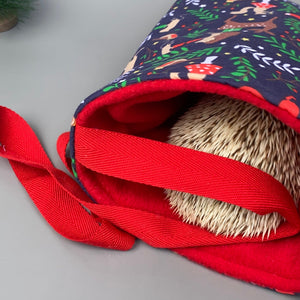 Navy festive party animals padded bonding bag, carry bag for hedgehog. Fleece lined pet tote.