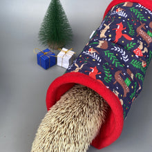 Load image into Gallery viewer, Navy festive party animals padded stay open fleece tunnel. Padded tunnel for small pets.