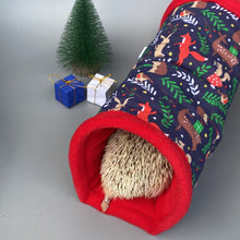 Load image into Gallery viewer, Navy festive party animals mini set. Tunnel, snuggle sack and toys. Hedgehog fleece bedding.