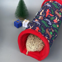 Load image into Gallery viewer, Navy festive party animals padded stay open fleece tunnel. Padded tunnel for small pets.