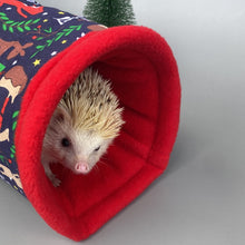Load image into Gallery viewer, Navy festive party animals padded stay open fleece tunnel. Padded tunnel for small pets.