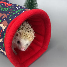 Load image into Gallery viewer, Navy festive party animals mini set. Tunnel, snuggle sack and toys. Hedgehog fleece bedding.
