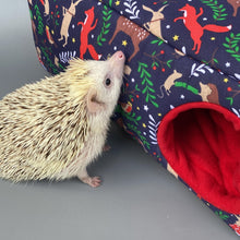 Load image into Gallery viewer, Navy festive party animals corner house. Hedgehog and small pet cube house.