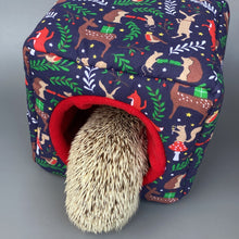Load image into Gallery viewer, Navy festive party animals cosy cube house. Padded hedgehog and guinea pig cube house.