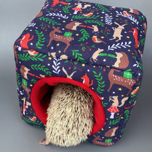 Load image into Gallery viewer, Navy festive party animals cosy cube house. Padded hedgehog and guinea pig cube house.