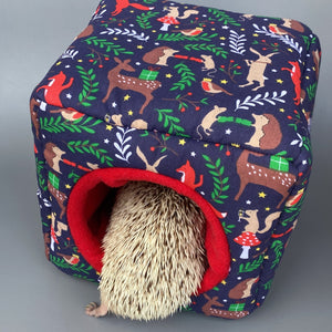 Navy festive party animals cosy cube house. Padded hedgehog and guinea pig cube house.