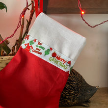 Load image into Gallery viewer, Merry Grinchmas miniature Christmas stocking. Christmas viv decorations. Pet Christmas stocking.