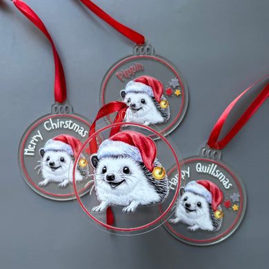 Happy Quills Christmas decoration. Personalised hedgehog Christmas bauble.