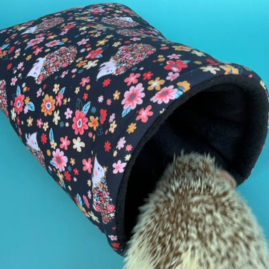 Flower hedgehogs cosy snuggle cave. Padded stay open snuggle sack. Hedgehog bed. Fleece pet bedding.