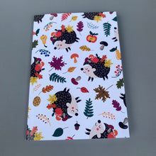 Load image into Gallery viewer, A6 Autumn hedgehogs note book. 48-page A6 notebooks with full colour hedgehog cover.