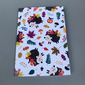 A6 Autumn hedgehogs note book. 48-page A6 notebooks with full colour hedgehog cover.