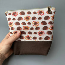 Load image into Gallery viewer, Cream and brown hedgehog zipper pouch. Makeup bag, small cosmetic zip pouch.