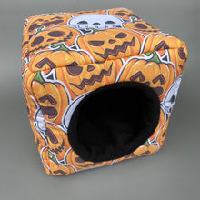 Load image into Gallery viewer, Pumpkin and skulls Halloween cosy cube house. Hedgehog and guinea pig cube house.