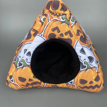 Load image into Gallery viewer, Pumpkin and skulls Halloween full cage set. Tent house, snuggle sack, tunnel cage set