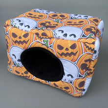 Load image into Gallery viewer, LARGE pumpkin and skulls Halloween cosy bed. Padded house for guinea pigs.