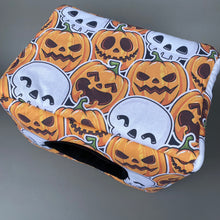 Load image into Gallery viewer, LARGE pumpkin and skulls Halloween cosy bed. Padded house for guinea pigs.