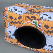 Load image into Gallery viewer, LARGE pumpkin and skulls Halloween cosy bed. Padded house for guinea pigs.