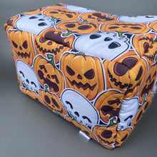 Load image into Gallery viewer, LARGE pumpkin and skulls Halloween cosy bed. Padded house for guinea pigs.