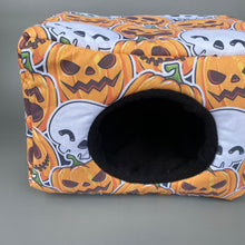 Load image into Gallery viewer, LARGE pumpkin and skulls Halloween cosy bed. Padded house for guinea pigs.