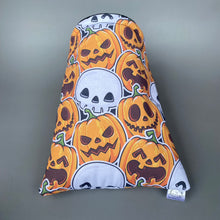 Load image into Gallery viewer, Pumpkin and skulls Halloween cosy snuggle cave. Padded stay open snuggle cave.