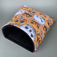 Load image into Gallery viewer, LARGE Pumpkin and skulls Halloween guinea pig cosy snuggle cave. Padded stay open cave.