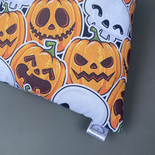 Load image into Gallery viewer, LARGE Pumpkin and skulls Halloween guinea pig cosy snuggle cave. Padded stay open cave.