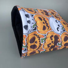 Load image into Gallery viewer, LARGE Pumpkin and skulls Halloween guinea pig cosy snuggle cave. Padded stay open cave.