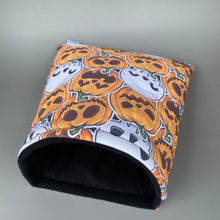 Load image into Gallery viewer, LARGE Pumpkin and skulls Halloween guinea pig cosy snuggle cave. Padded stay open cave.