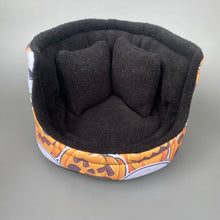 Load image into Gallery viewer, Pumpkin and skulls Halloween cuddle cup. Pet sofa. Hedgehog and small guinea pig bed.