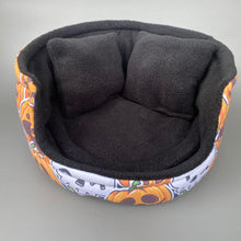 Load image into Gallery viewer, LARGE Pumpkin and skulls Halloween cuddle cup. Guinea pig bed. Fleece bed.