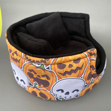 Load image into Gallery viewer, LARGE Pumpkin and skulls Halloween cuddle cup. Guinea pig bed. Fleece bed.