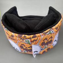 Load image into Gallery viewer, LARGE Pumpkin and skulls Halloween cuddle cup. Guinea pig bed. Fleece bed.