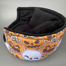 Load image into Gallery viewer, LARGE Pumpkin and skulls Halloween cuddle cup. Guinea pig bed. Fleece bed.