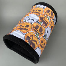 Load image into Gallery viewer, LARGE Pumpkin and skulls Halloween guinea pigs stay open tunnel. Padded fleece tunnel.